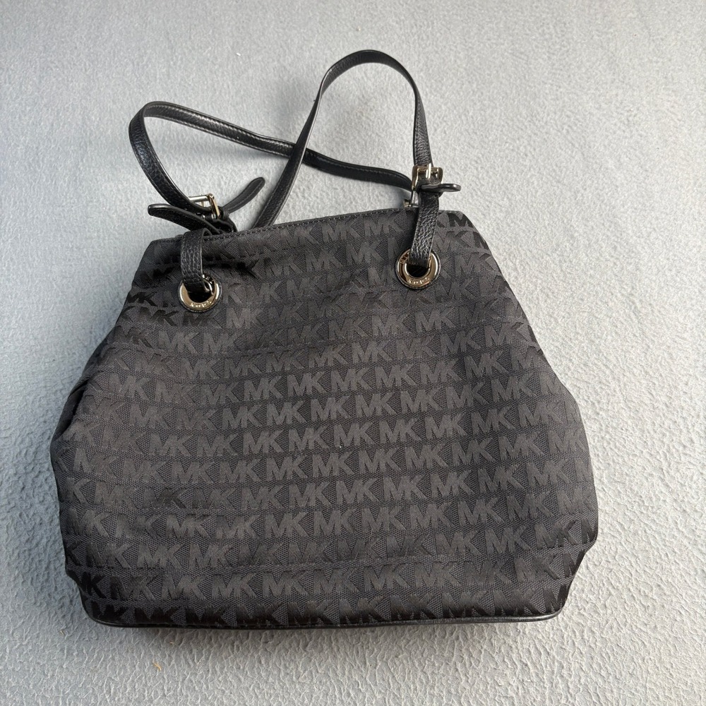 Michael Kors Black Jacquard MK Signature Logo Shoulder Bag Tote Silver Hardware